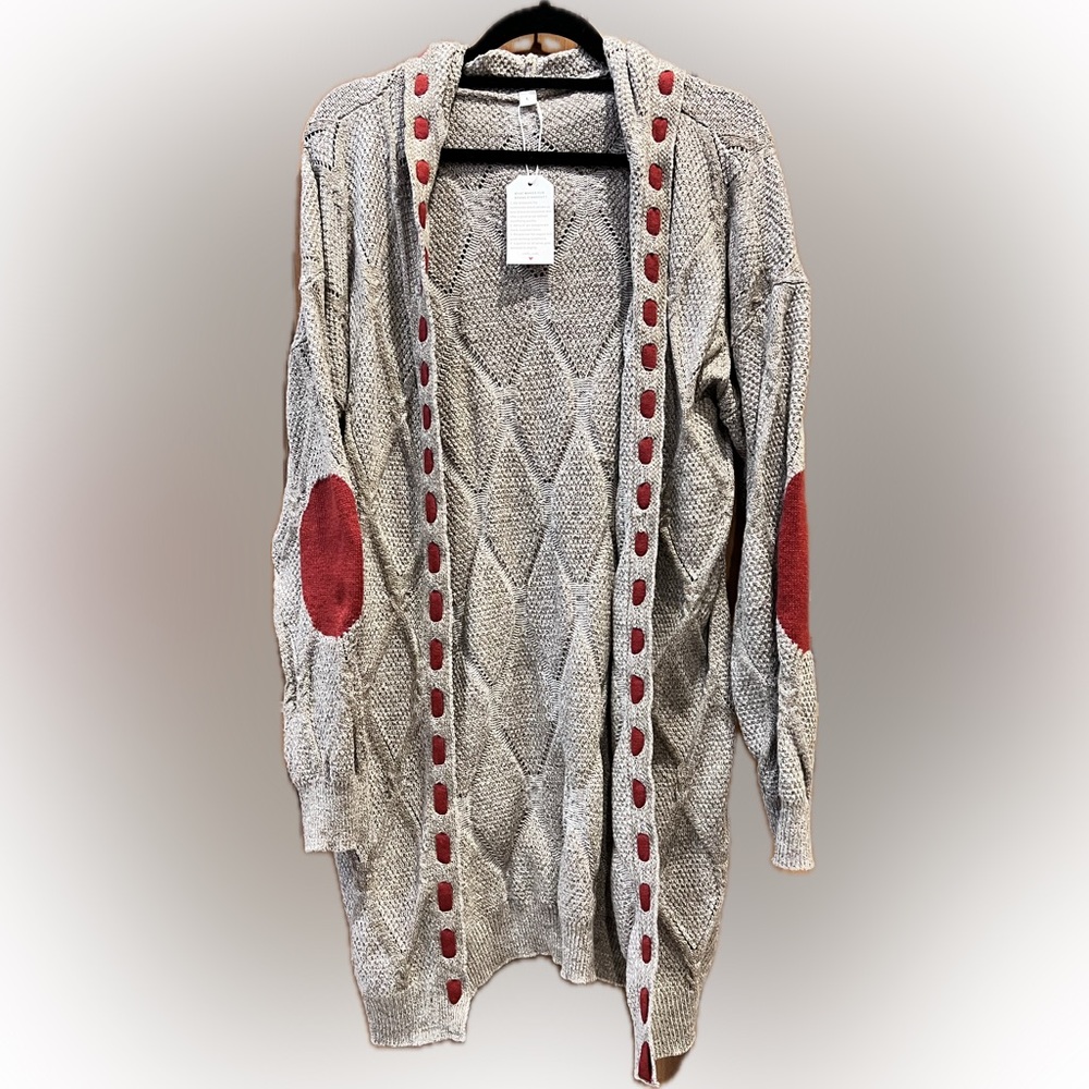 ♥️ Cozy Knit Hooded Cardigan w/ Pop-Red Accents, size L, NWT **C**